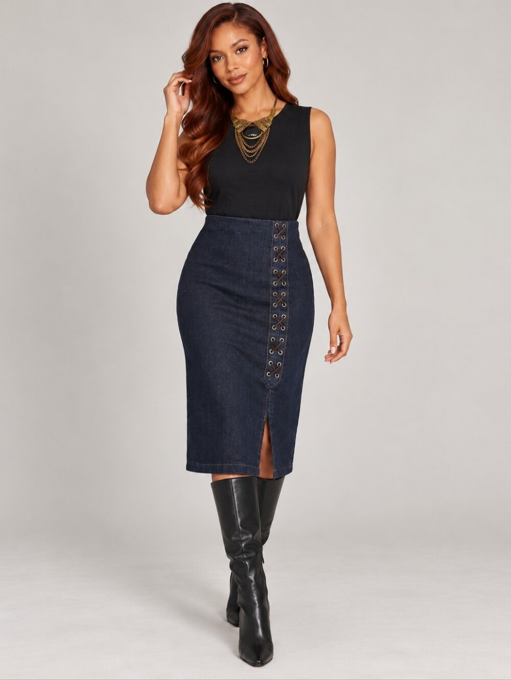 NWT LAUREN RALPH LAUREN Dark Blue Denim Pencil Skirt Side Lace-Up Mini Sz 10